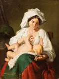 Jacques Alfred van Muyden, Donna abruzzese che allatta un infante, Il dipinto è una bella replica della tela di formato ovale di Alfred Van Muyden