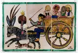 Richard Dölker, Large maiolica panel composed of six tiles, decorated with a festive chariot