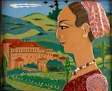 Federico Melis, Urbania landscape with the profile of a woman in traditional costume, 1969