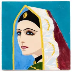 Tile with woman in traditional costume by Melkiorre Melis, offered Feb 2026