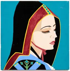 Tile with woman in Aritzo traditional costume by Melkiorre Melis, 1926, offered Feb 2026