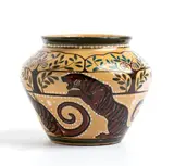 Roberto Rosati, Cachepot for manufacture Fiamma, 1925, Biconical shape. Polychrome decoration with felines and trees. Signature under the base: