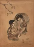 Trần Văn Thọ, Indian ink painting on silk depicting two seated children; signed, Height