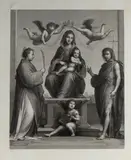 Maurizio Steinla, Engraving of Madonna and Child Enthroned among Saints and Angels, La Vergine Maria seduta in trono con il Bambino Gesù in grembo; due angeli in volo incoronano la Madonna. Ai