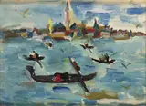 Sante Monachesi, View of Venice with gondolas, Oil on board