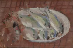Still life with fishes and crustaceans by Domenico Cantatore, 1925, On the back, offered Dec 2025
