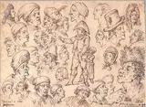 Johann Georg Wille, Studies of Grotesque Heads, 1808, Brown ink and black ink on heavy laid paper