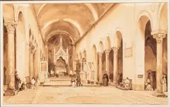 Achille Vianelli, La Basilica della Verità (Santa Maria in Cosmedin, Rome), 1836, Brown ink and watercolor with traces of pencil on wove paper