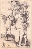 Albrecht Durer, Three putti with trumpets, shield and helmet, Engraving