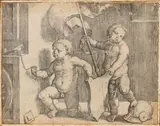 Lucas van Leyden, Two cherubs holding a shield, Engraving