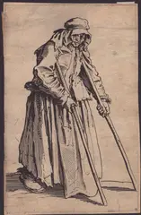 Jacques Callot, The Female Beggar with Staves, Etching.