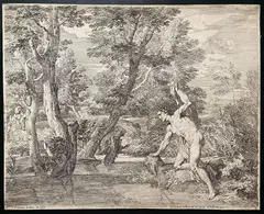 Landscape with Narcissus gazing at his reflection in the water. by Franciscus de Neve, Etching, offered Nov 2025