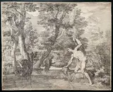 Franciscus de Neve, Landscape with Narcissus gazing at his reflection in the water., Etching