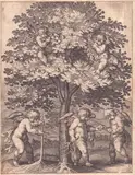 Grégoire Huret, Putti gathering apples, Burin