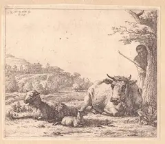 Landscape with a flock and a shepherd behind a tree | Sleeping hunting dogs by Karel Dujardin, Lot of two prints: Landscape with flock and a shepherd behind a tree Etching, offered Nov 2025