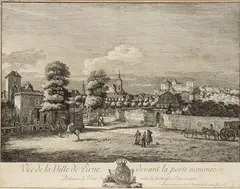 Bernardo Bellotto, Vue de la ville de Pirne devant la porte nommée Dohnaiszh-Thor, avec la forteresse Sonnenstein, Etching