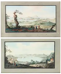 Pietro Fabris, Veduta a volo d’uccello del convento dei Camaldoli | Veduta del Golfo di Pozzuoli, 1776, Lot of two prints. Etching