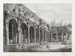 Luigi Rossini, View of the remains of the courtyard of Villa Mecenate in Tivoli, Etching