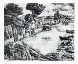 Diego Pettinelli, View with houses and boats, Woodcut