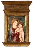 Luca della Robbia, Virgin with Child, The frame bears a tempera inscription at the top: "AVE MARIA".