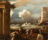 A Landscape with a Peasant Dance, Roman Ruins, and St. Peter’s Basilica in the Background by Filippo Teodoro Di Liagno Filippo Napoletano, This pleasant pastoral scene, offered Nov 2025