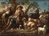 Domenico Brandi, Flock at rest with shepherd smoking a pipe, Oil on canvas