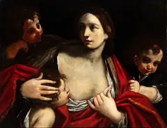 Giacomo Cavedone, Allegory of Charity, The painting is accompanied by an expertise by Prof. Emilio Negro. This delicate and intense oil on canvas