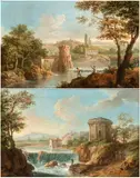 Paolo Anesi, a) Fanciful view of the Roman Campagna, with fishermen by a stream and a village; b) Fanciful view of the Roman Campagna, with fishermen, small waterfalls, and a circular temple. A pair of paintings, Oil on canvas