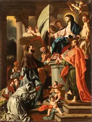 Saint Bonaventura Receiving the Banner of Saint Sepulchre from the Madonna by Francesco Solimena, The painting is a workshop good replica of the work by Francesco Solimena, offered Nov 2025