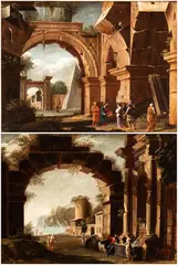 Niccolò Codazzi, a) Capriccio with Christ and the Magdalene; b) Capriccio with Christ and the Samaritan Woman at the well. Pair of paintings, The painting (b) bears the initials "NC" on the lower right in correspondence with one side of the fountain.