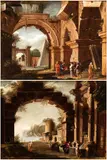 Niccolò Codazzi, a) Capriccio with Christ and the Magdalene; b) Capriccio with Christ and the Samaritan Woman at the well. Pair of paintings, The painting (b) bears the initials "NC" on the lower right in correspondence with one side of the fountain.