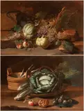 Nicola Levoli, a) Still life with grapes, pumpkins, peaches, and a snake; b) Still life with cabbage, celery, pomegranates, and figs. Pair of paintings, This elegant pair of still lifes with vegetables in a kitchen interior
