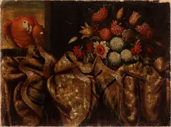 Antonio Gianlisi II, Still life with bouquet of flowers, parrot and damask carpet, Oil on canvas