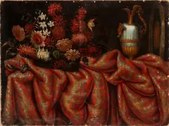 Antonio Gianlisi II, Still life with bouquet of flowers, jug and damask carpet, Oil on canvas