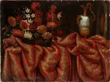 Antonio Gianlisi II, Still life with bouquet of flowers, jug and damask carpet