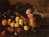 Giuseppe Ruoppolo, Still life with lemons, strawberrys and a little bird, Oil on canvas