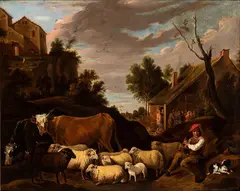 Shepherd with flocks in a villagio by David Teniers Il Giovane, Oil on canvas, offered Nov 2025