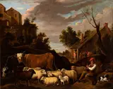 David Teniers Il Giovane, Shepherd with flocks in a villagio, Oil on canvas