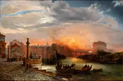 Franz Ludwig Catel, Fireworks over Saint Peter's Square and Castel Sant'Angelo, viewed from the Port of Ripetta, The painting bears a signature and inscription on the lower right margin: "F. CATEL FEC. ROM."