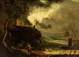 Richard Wilson, Landscape with a traveller, broken bridge, fortress, river, and a city in the background