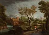Francesco Foschi, Landscape with a waterway, travellers, and ruins in the background, The painting bears two old inventory numbers in brushwork on the reverse: "N.