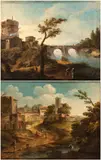 Paolo Anesi, a) River landscape with a citadel and bridge in the background; b) River landscape with figures and a citadel. Pair of paintings, Oil on canvas