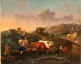 Nicolaes Pieterszoon Berchem, landscape with a shepherd, laundresses, and flocks