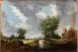 Jan van Goyen, River landscape with bridge, carriage and figures, Oil on canvas