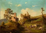 Giovan Battista Lelli, Hilly Landscape with a Church and Female Figures, Mountain landscape with a church and peasant women