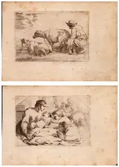 Jan Miel, Riposo durante la fuga in Egitto | Pastore che munge una pecora, lotto di due incisioni. etching