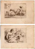 Jan Miel, Riposo durante la fuga in Egitto | Pastore che munge una pecora, lotto di due incisioni. etching