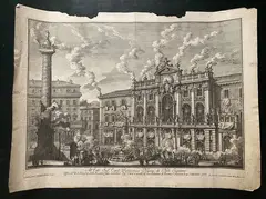 Giuseppe Vasi, All'Emo Sig.re Card. Rezzonico nipote di N.ro Signore/ Offre a V. E. il disegno della facciata fatta dall'Em.o Sig.re Card. Crivelli al suo Palazzo di Piazza Colonna lì 20 settembre 1761, etching