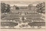 Nicolas de Poilly, Veduta dei giardini di Liancourt, etching. Con cornice