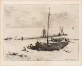 Albert Krüger, Am Strand von Goehren, etching and acquatinta. Con cornice in legno
